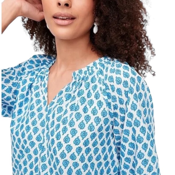 J. Crew Blue & White Block Floral Paisley Print Boho Popover Top - M - Picture 5 of 16